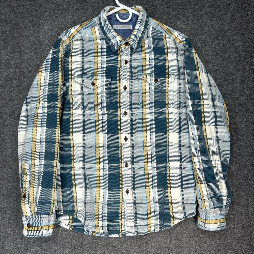 Outerknown Blanket Shirt Mens M Green Plaid Thick Knit Flannel Long Sleeve